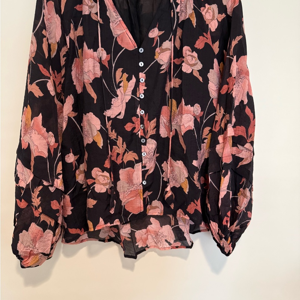 Fate Black Floral Long Balloon Sleeve Boho Blouse, Size Medium - Picture 2 of 7